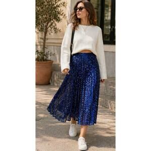 Guess Blue Sequin Pleated Midi Skirt ✨ Street Style Glam Size 4
